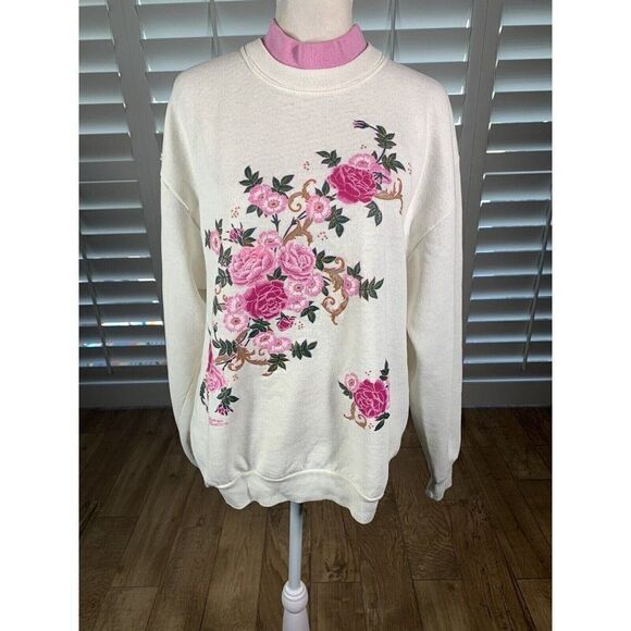 Vtg Grandma Core Double Collar White Pink Flowers Sweatshirt M/L K Hamilton - Picture 1 of 12